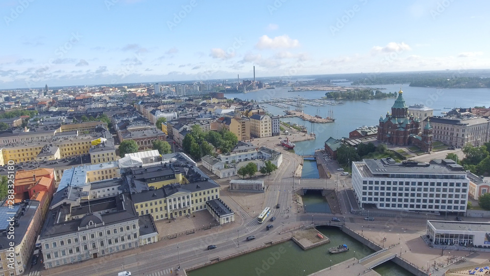 Aerial view of Helsinki port and cityscape in summer, Finland