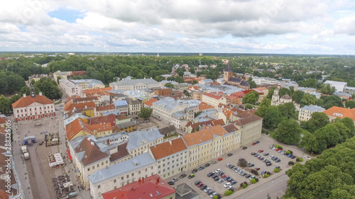 Aerial view of Tartu skyline on a cloudy summer day
