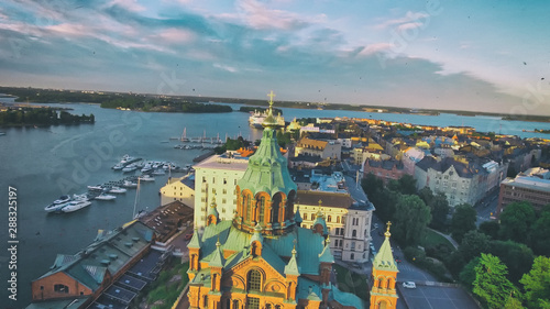 Aerial view of Helsinki at summer sunset, Finland. Panoramic cityscape with Uspensky Cathedral
