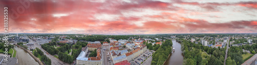 Panoramic sunset aerial view of Tartu skyline in summer season, Estonia photo