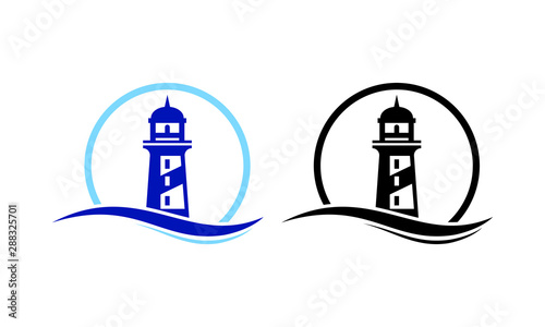 Lighthouse logo design template vector, Lighthouse Logo circle abstract design vector template, lighthouse icon with ocean waves and seagulls.Lighthouse with waves simple logo, lighthouse icon design 