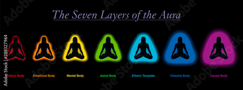 Aura layers of a meditating sitting woman. Etheric, emotional, mental, astral, celestial and causal body an template. Seven different rainbow colored auras. Vector on black background.