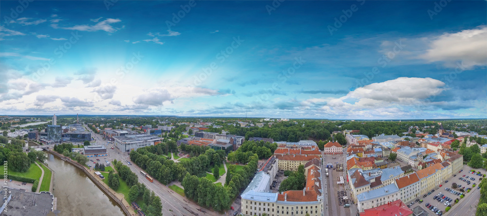 Panoramic sunset aerial view of Tartu skyline in summer season, Estonia
