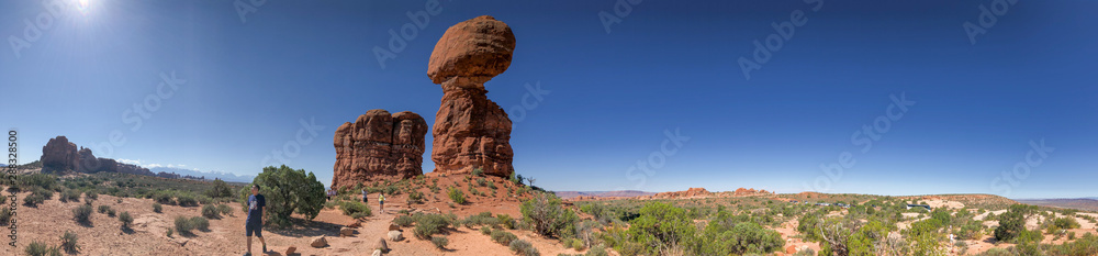 ARCHES NP - JULY 1, 2019: Balanced Rock panoramic view with tourists, Arches National Park