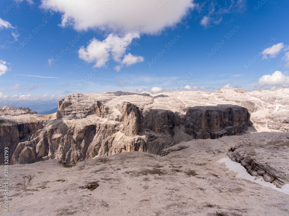 Sella group massif mountains of northern Italy view from Sass Pordoi 2952 m, Dolomites, Trentino Alto Adige, northern Italy, Europe Sella group massif mountains of northern Italy view from Sass Pordoi 2952 m, Dolomites, Trentino Alto Adige, northern Italy, Europe