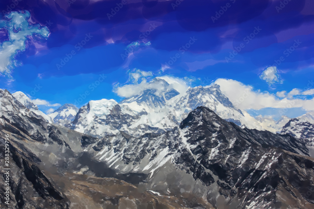 Stunning Himalaya mountains. Sagarmatha National Park in the Nepal. Watercolor style.