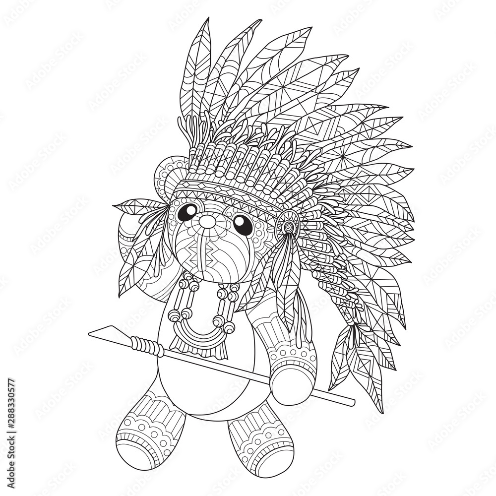 Hand drawn sketch illustration of Teddy bear for adult coloring book ...