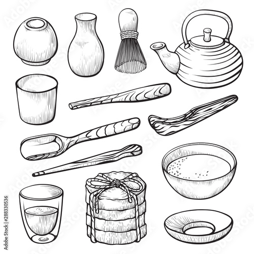 Matcha green tea powder and equipment hand drawn illustrations set