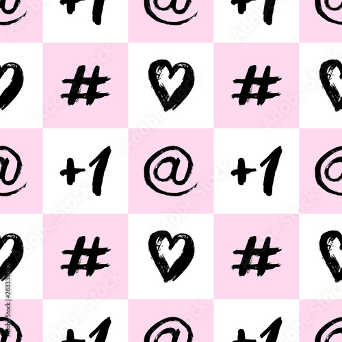 Seamless pattern with social media symbols. Abstract hand drawn ink grunge style symbols vector wallpaper. Pink and white checkered background.