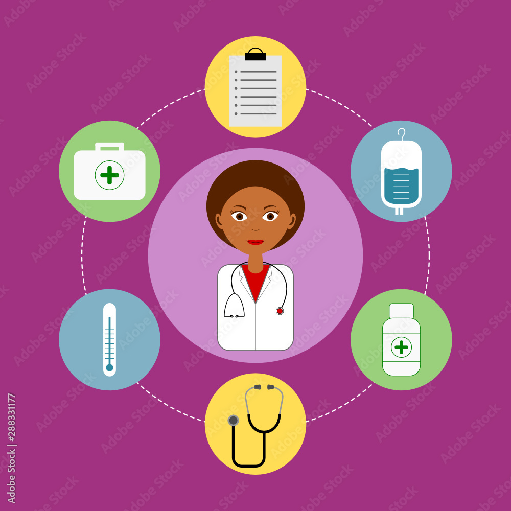 Female African American doctor character surrounded by medical equipment. Medical care professional in white coat with stethoscope. Health care concept. Vector illustration, flat style, clip art. Female African American doctor character surrounded by medical equipment. Medical care professional in white coat with stethoscope. Health care concept. Vector illustration, flat style, clip art.