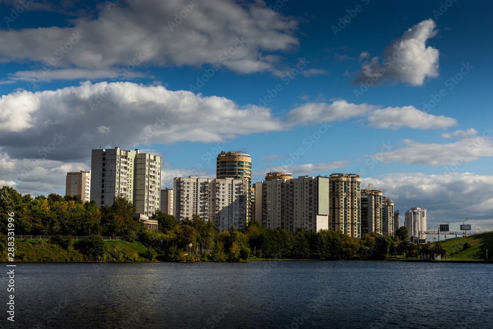 Residential houses and office buildings on the river bank. Moscow. Russia.