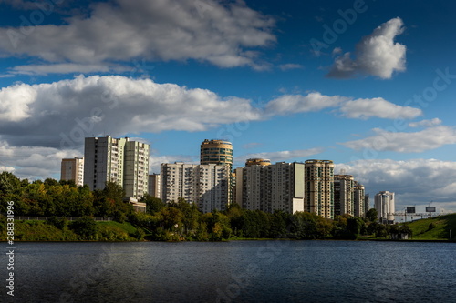 Residential houses and office buildings on the river bank. Moscow. Russia.
