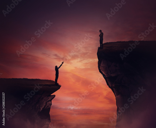 Cuadro en lienzo Two persons standing on different high peaks showing the divergence of success achievement