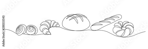 Bakery products in continuous line art drawing style. Black line sketch on white background. Vector illustration