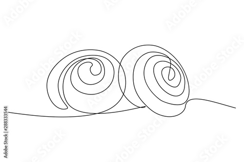 Cinnamon rolls in continuous line art drawing style. Black line sketch on white background. Vector illustration