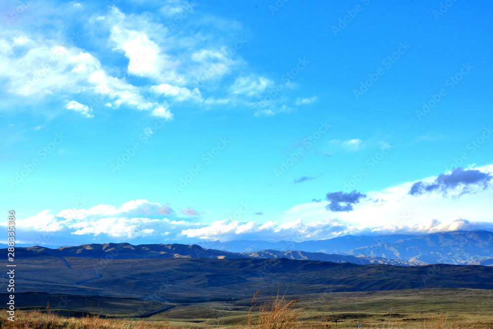 Panorama Travel Nature Blue Sky Mountains Tourism Snow Peak Steppe Hills, Sand Valley Desert