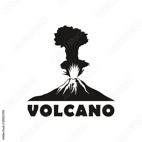 Volcano vector illustration. Nature disaster eruption with smoke, lava, clouds in the sky. Flat design logo template. Outdoor adventure.