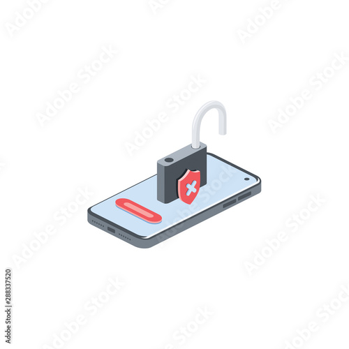 Unlock phone. Vector 3d isometric, color web icons set, new flat style. Creative illustration design, idea for infographics.