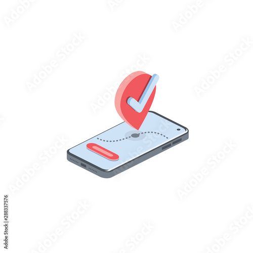 Mobile geolocation map checkmark. Vector 3d isometric, color web icons set, new flat style. Creative illustration design, idea for infographics.