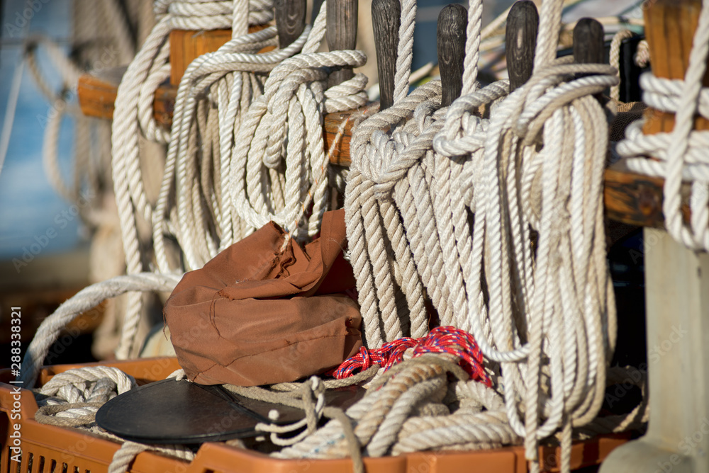 Neatly wound and stowed ropes on a sailboat