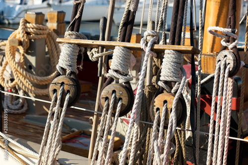 Close up details of ropes or cordage in rigging