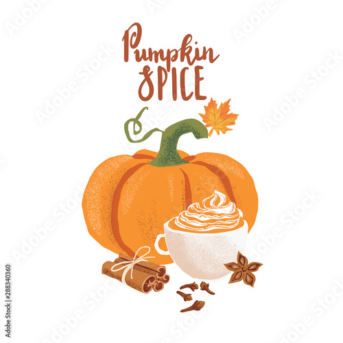 Wallpaper Mural Autumn vector isolated Thanksgiving Hygge cozy illustration with pumpkin, latter mug, cinnamon sticks, anise, cloves. On the white background with hand drawn lettering says: Pumpkin Spice.  Torontodigital.ca