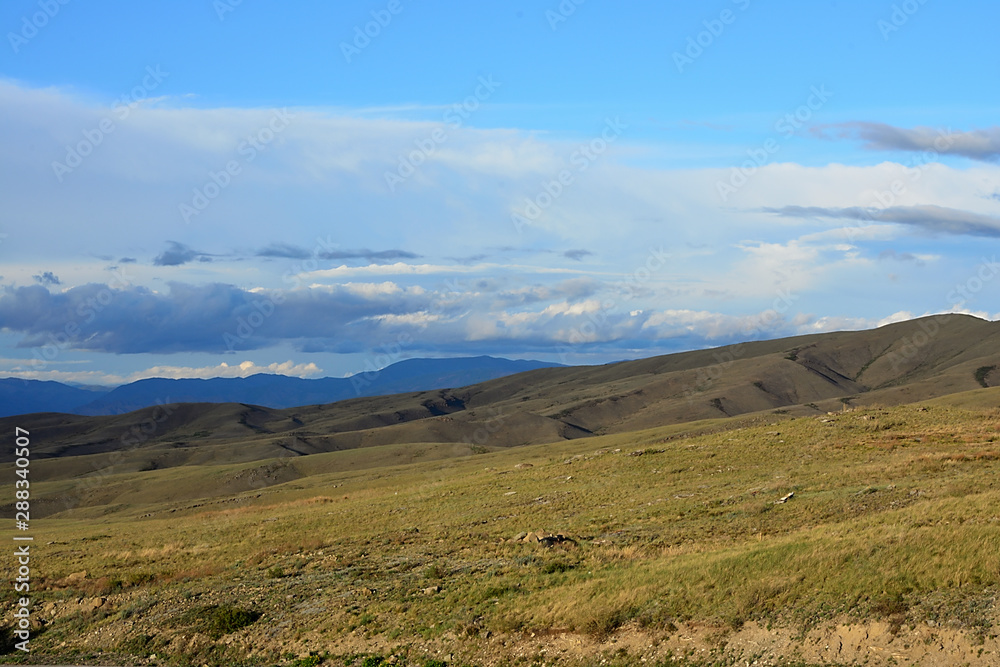 Panorama Travel Nature Blue Sky Mountains Tourism Snow Peak Steppe Hills, Sand Valley Desert Sayan Siberia