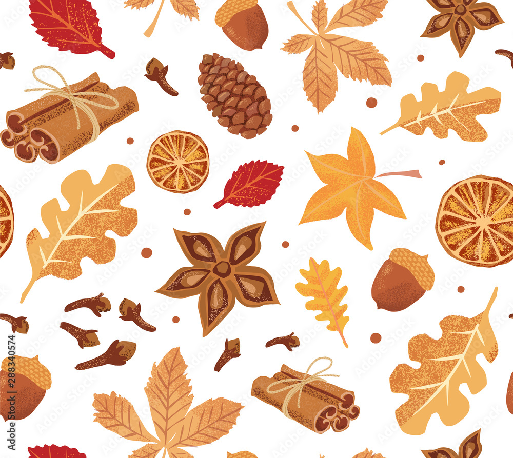 custom made wallpaper toronto digitalAutumn Seamless Vector Pattern with Pumpkin spice elements: cinnamon, cloves, anise and yellow and red leaves, cones and acorns on the white background.