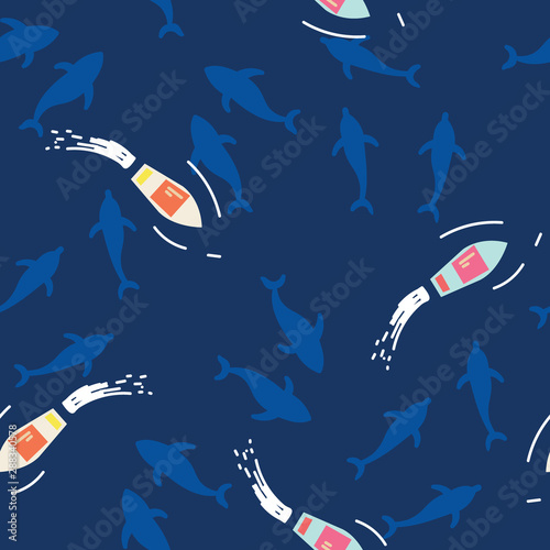 Boats and Sharks Vector Seamless Pattern