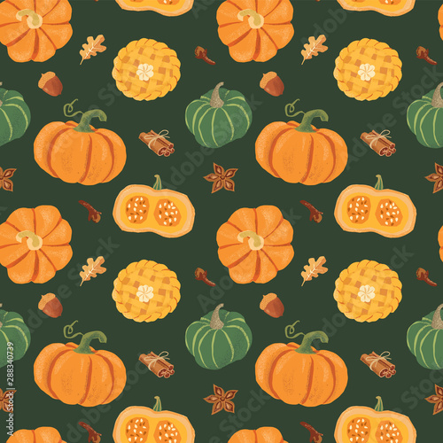 Wallpaper Mural Seamless Vector Orange and Green Pumpkins Pattern with Pumpkin pie and spices on the dark background. Torontodigital.ca
