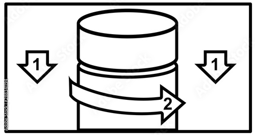 Child resistant pill cap with the instruction of push down and turn to open.Vector icon. Childproof packaging is used to reduce the risk of children ingesting hazardous materials by the use of cap.