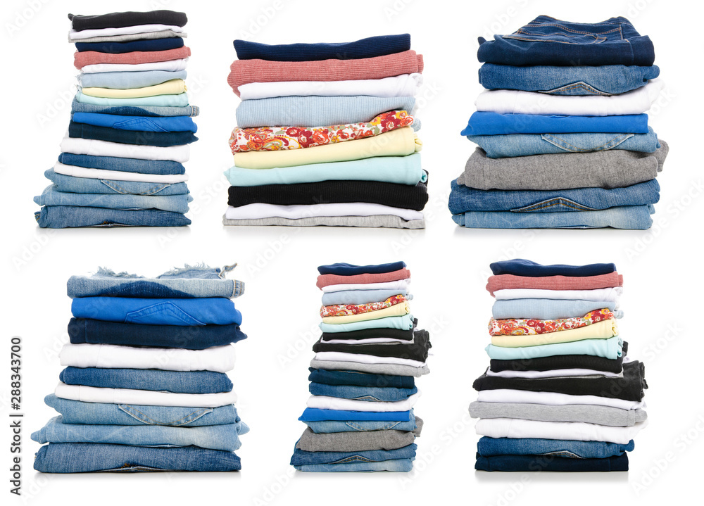 Set stack folded clothes on white background isolation Set stack folded clothes on white background isolation
