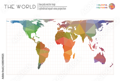 Vector map of the world. Cylindrical equal-area projection of the world. Colorful colored polygons. Beautiful vector illustration.