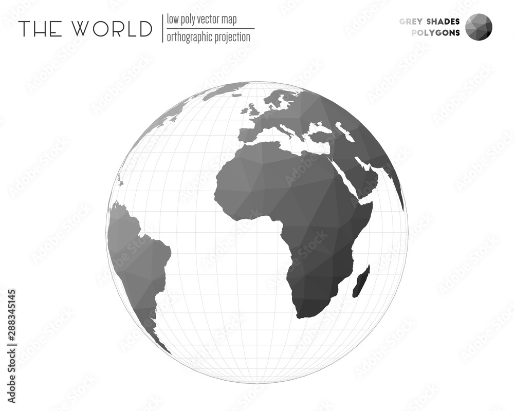 Polygonal map of the world. Orthographic projection of the world. Grey shades colored polygons. Trending vector illustration. Polygonal map of the world. Orthographic projection of the world. Grey shades colored polygons. Trending vector illustration.