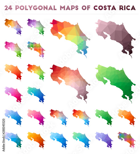 Set of vector polygonal maps of Costa Rica. Bright gradient map of country in low poly style. Multicolored Costa Rica map in geometric style for your infographics.