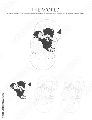 Map of The World. Modified stereographic projection for the United States including Alaska and Hawaii. Globe with latitude and longitude lines. World map on meridians and parallels background.