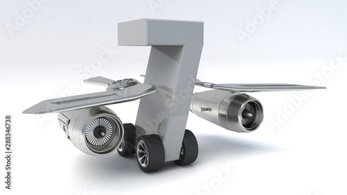 3D illustration of number 7 with wings and wheels