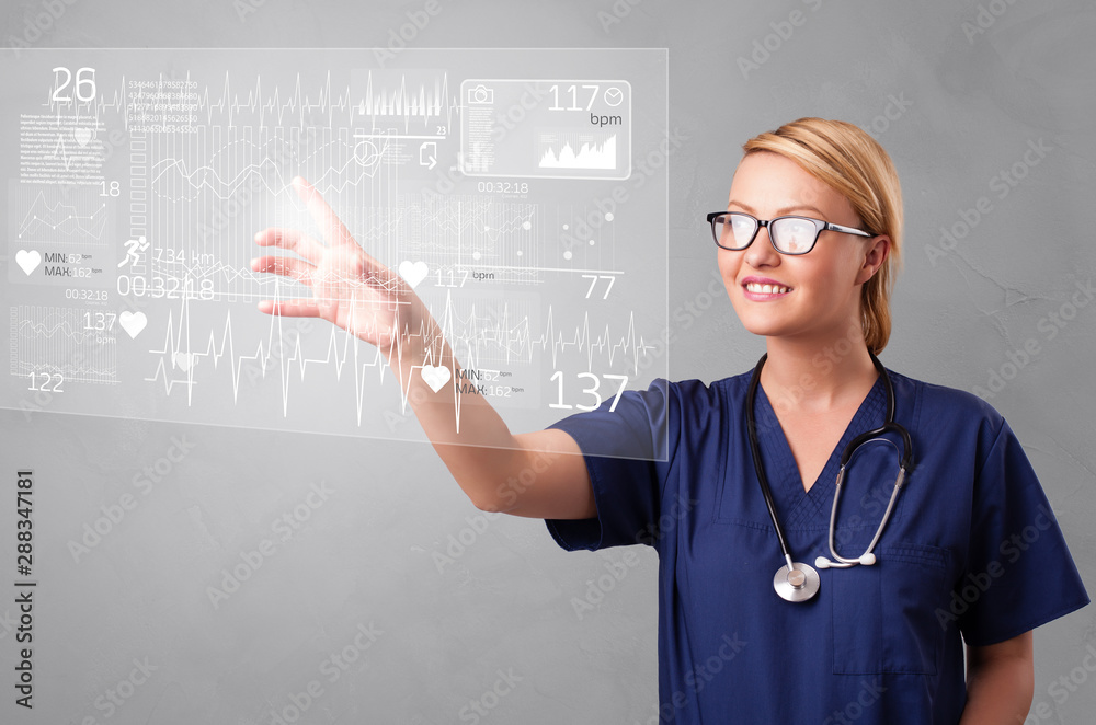 Doctor touching hologram screen displaying healthcare running symbols Doctor touching hologram screen displaying healthcare running symbols
