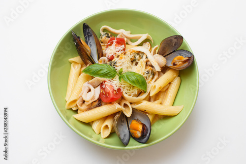 seafood pasta on white background