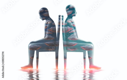 Two cloudy man sitting on a chair surreal illustration, bipolar disorder, sadness, mental health, loneliness, emotional, inside, depression ,fantasy art