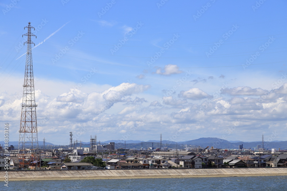Okayama city along Asahi river, Japan