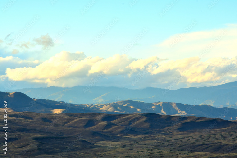 Panorama Travel Nature Blue Sky Mountains Tourism Snow Peak Steppe Hills, Sand Valley Desert Sayan Siberia