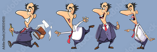 set of different poses of cartoon emotional man in suit with tie