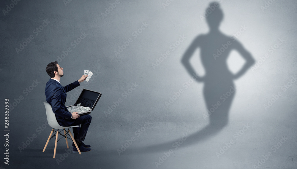 Rich businessman staying and offering stuffs to a pretty shadow woman Rich businessman staying and offering stuffs to a pretty shadow woman