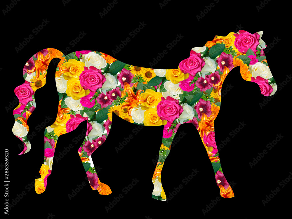 Obraz premium A horse consisting of flowers on a black background.