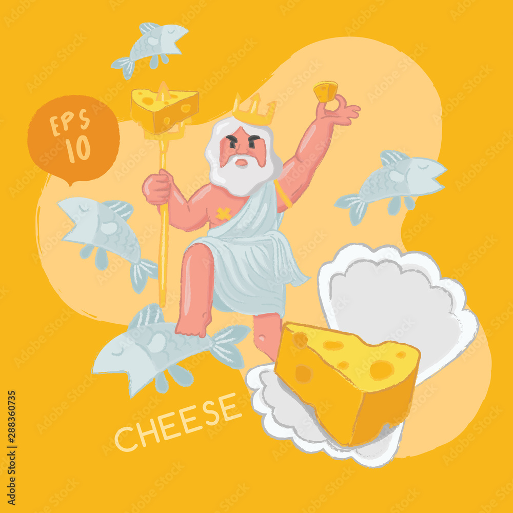 King of the ocean statue with cheese and seafood elements : Vector Illustration