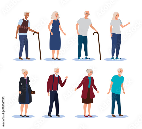 set of old women and men with fashion clothes and hairstyle