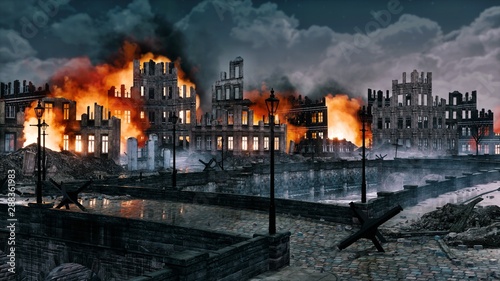 Billede på lærred Burning ruins of european city destroyed after the bombing with ruined buildings along empty riverfront at night