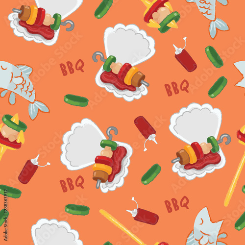 Bbq and seafood elements seamless pattern isolated on pastel background : Vector Illustration