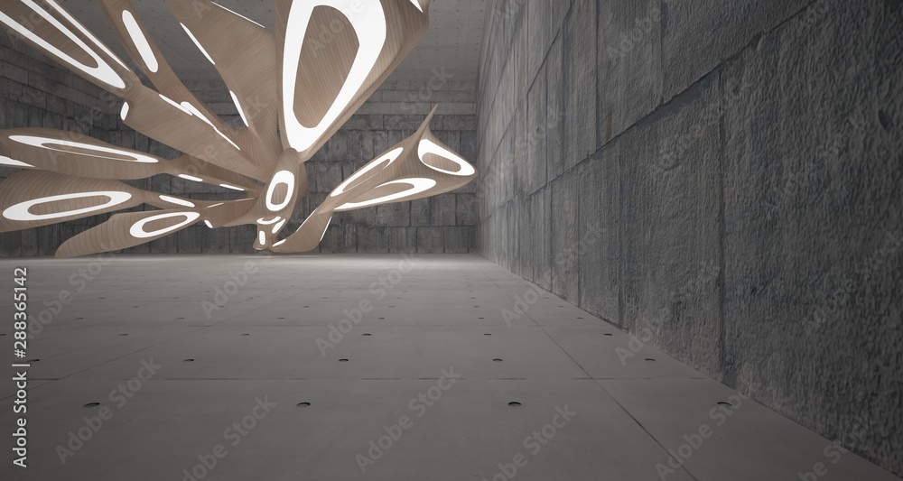 Abstract  concrete and wood interior  with neon lighting. 3D illustration and rendering.